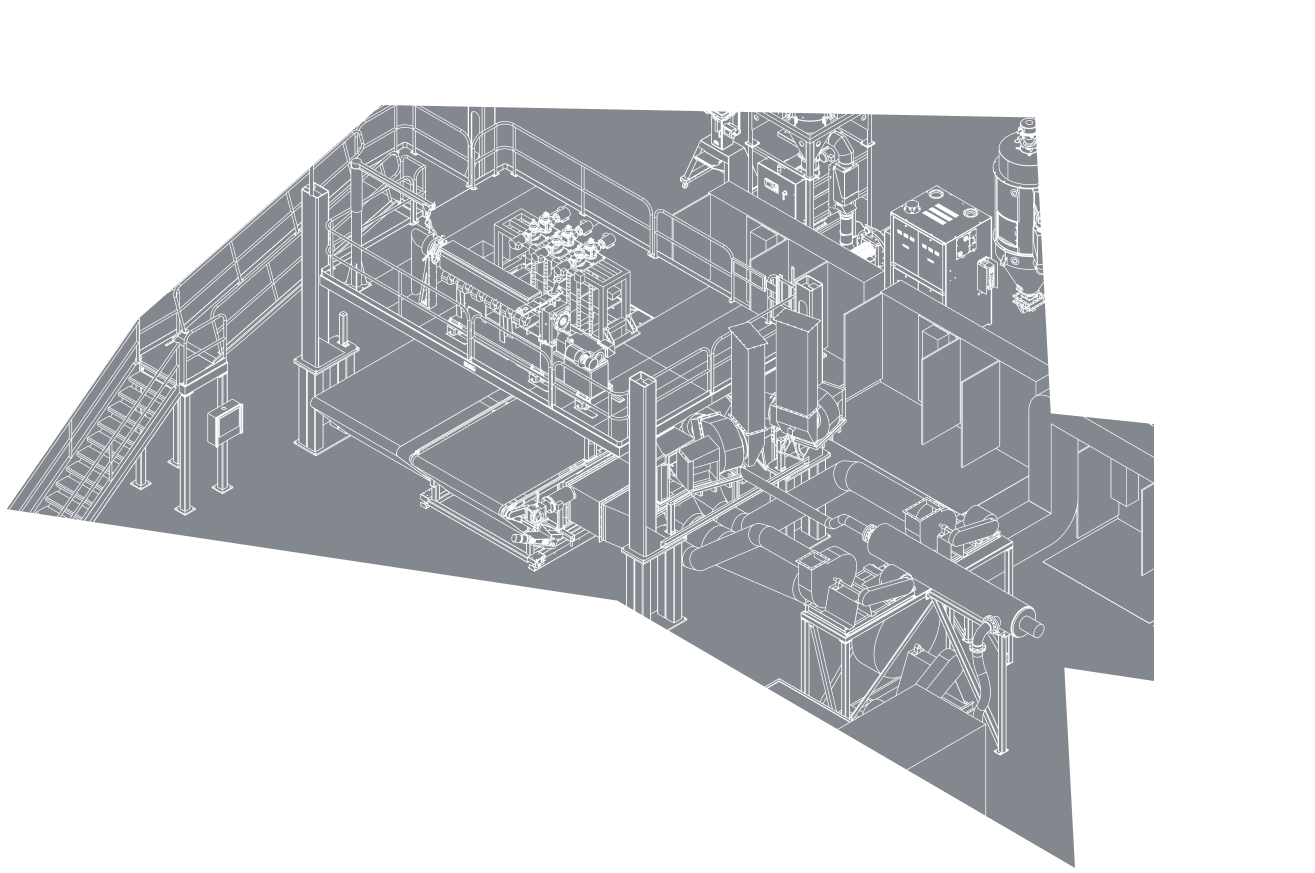 Stylized drawing of a Hills Inc. meltblown machine.