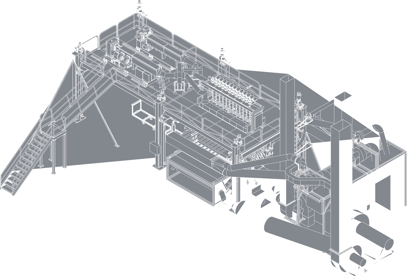 Stylized drawing of a Hills Inc. staple fiber machine.